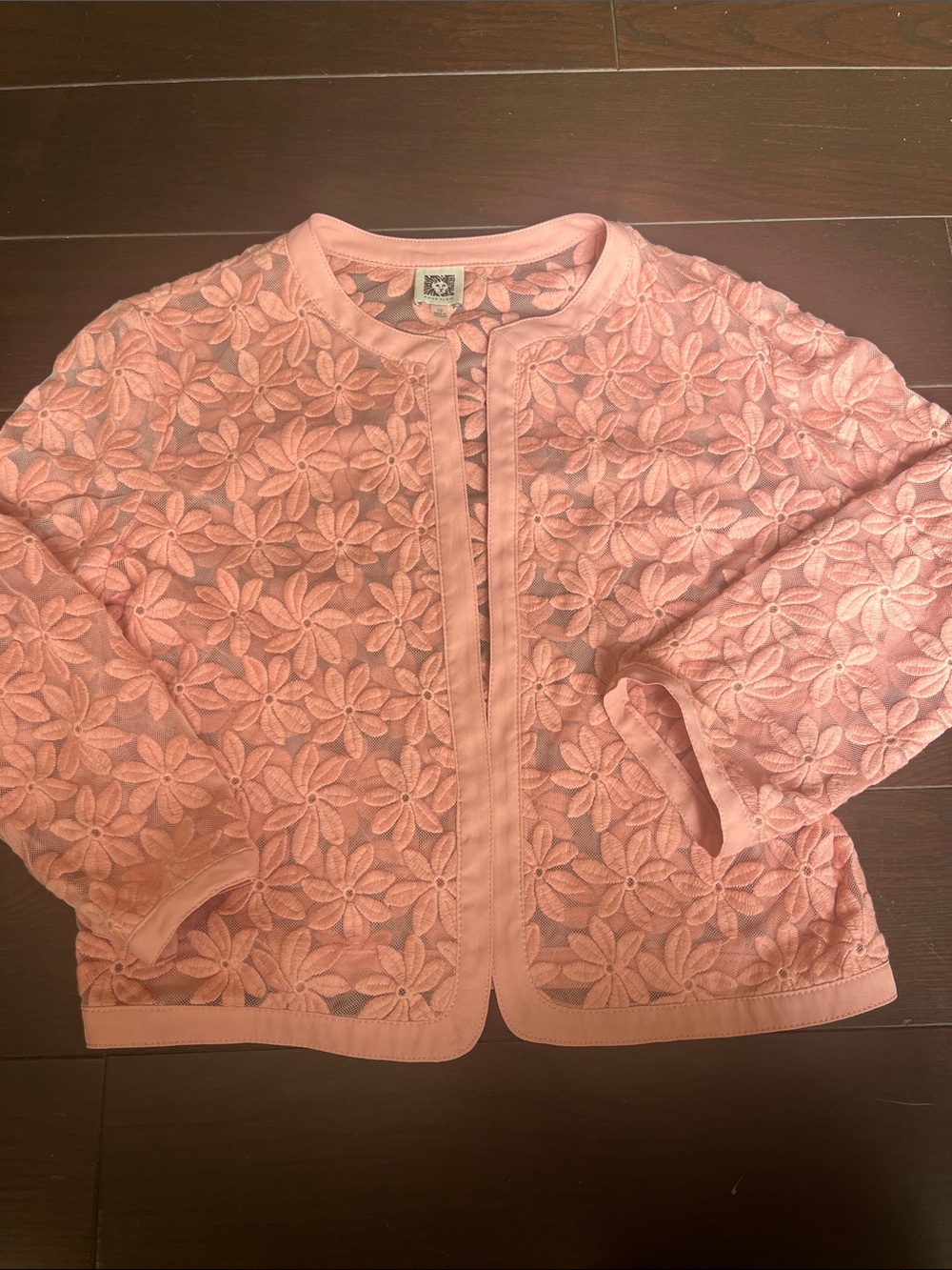Anne Klein sheer embroidered top floral appliqué 3/4 length sleeve size 10